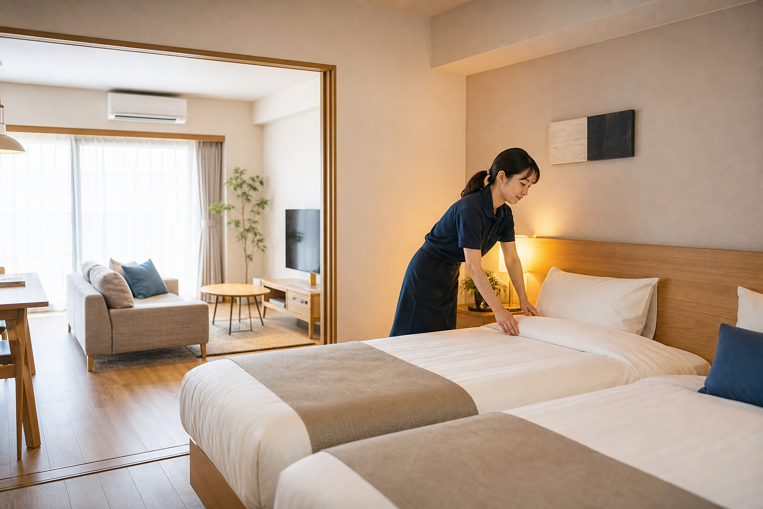 2LDKの民泊室内で清掃スタッフがベッドメイクする様子