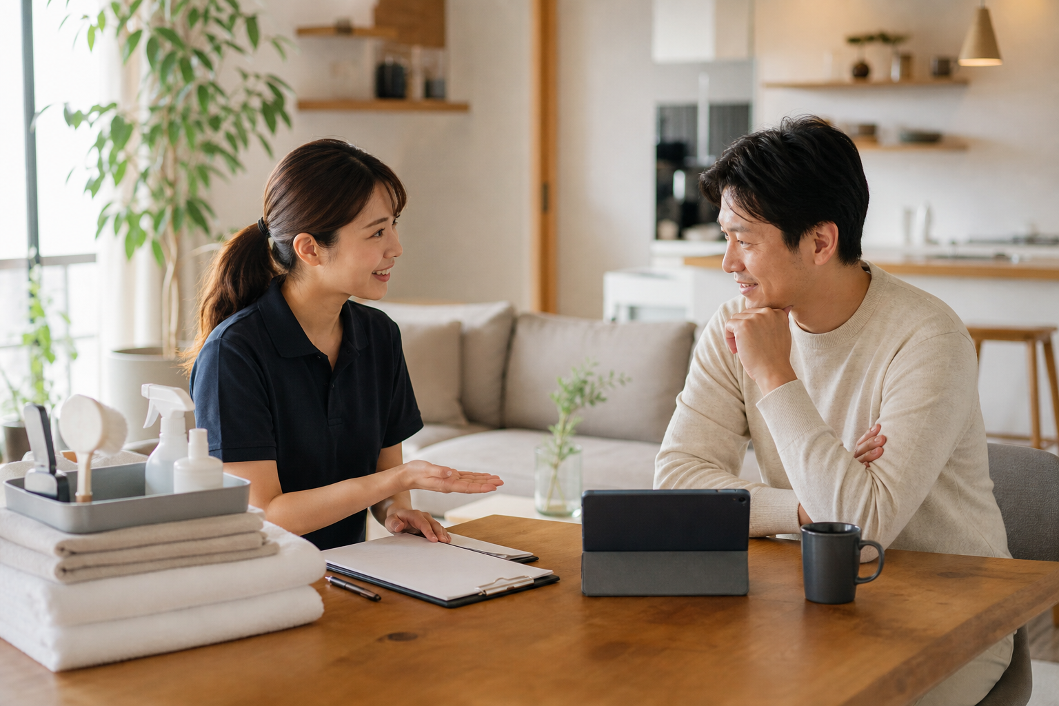 民泊清掃業者とオーナーが長期契約について打ち合わせる情景