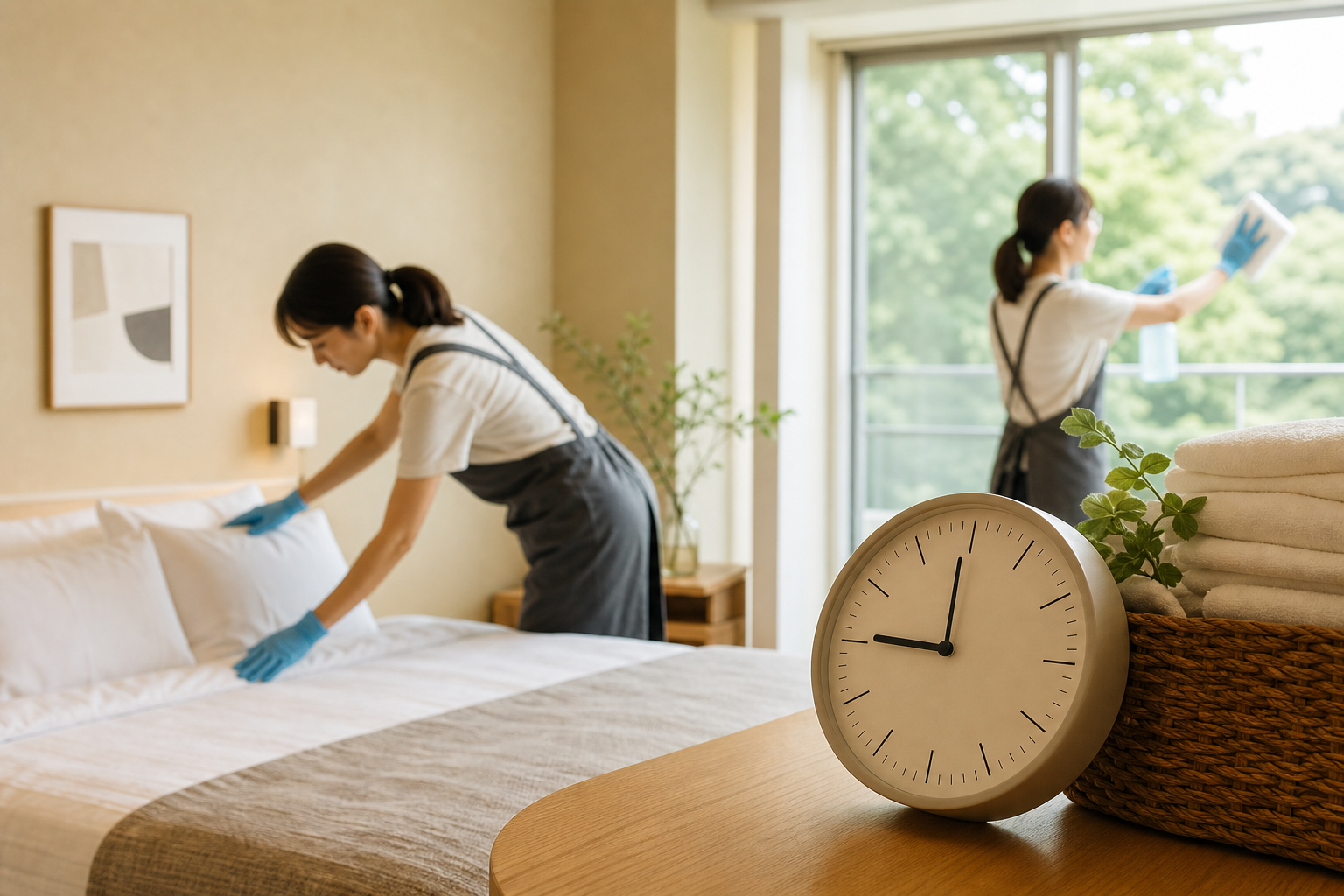3時間で民泊を回す清掃スタッフと時計のイメージ