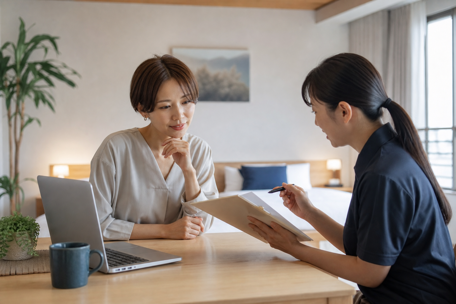 民泊オーナーが清掃業者と初回ヒアリングで見積もり内容を確認している場面