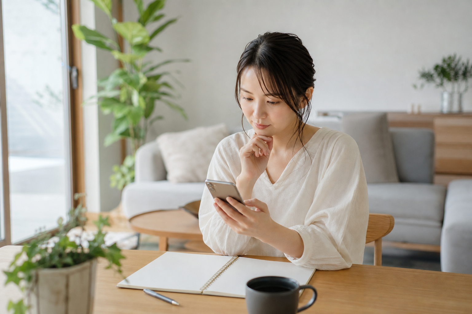 民泊オーナーがスマホで清掃業者への問い合わせ内容を整理する場面