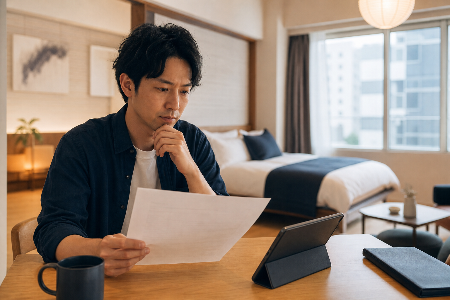 東京の民泊物件で清掃料金の見積書を確認するオーナー