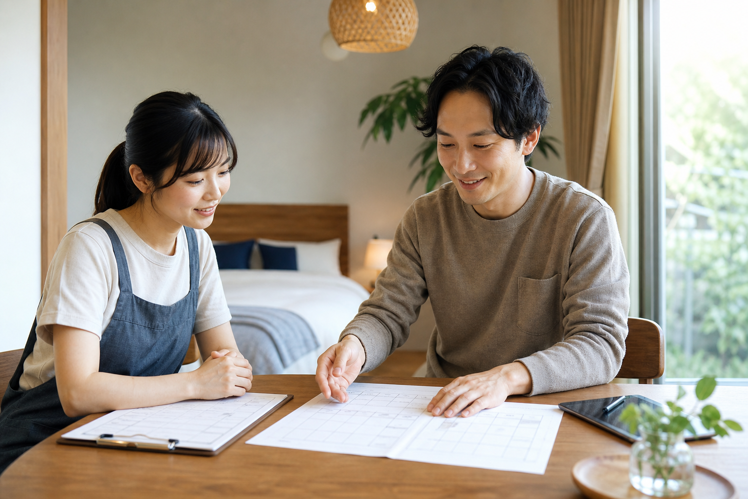 民泊清掃業者の料金表を作るオーナーと清掃スタッフのイメージ