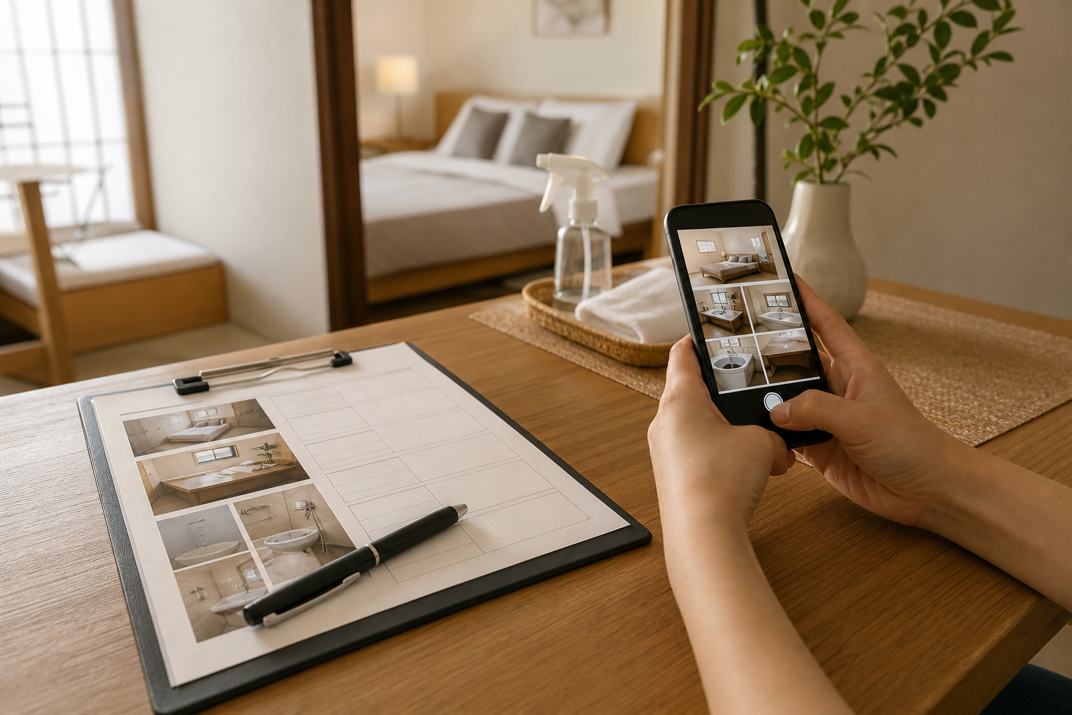 民泊清掃の報告書とスマホの写真報告のイメージ