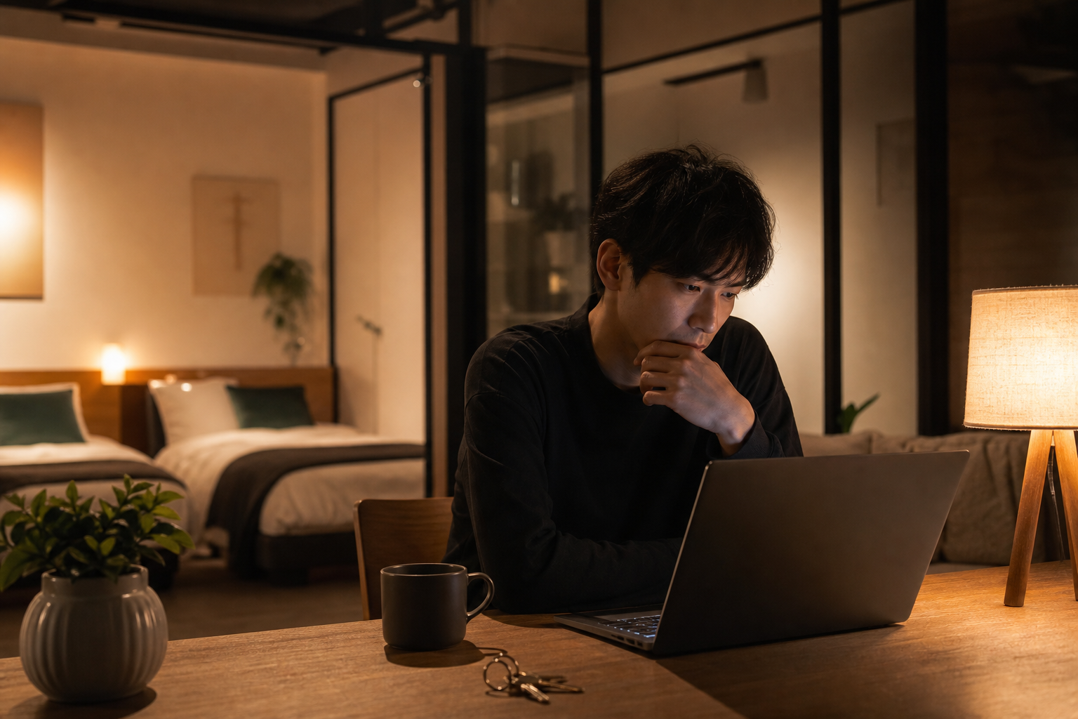深夜のPC画面と民泊物件の合鍵を前に対応を考える兼業オーナー
