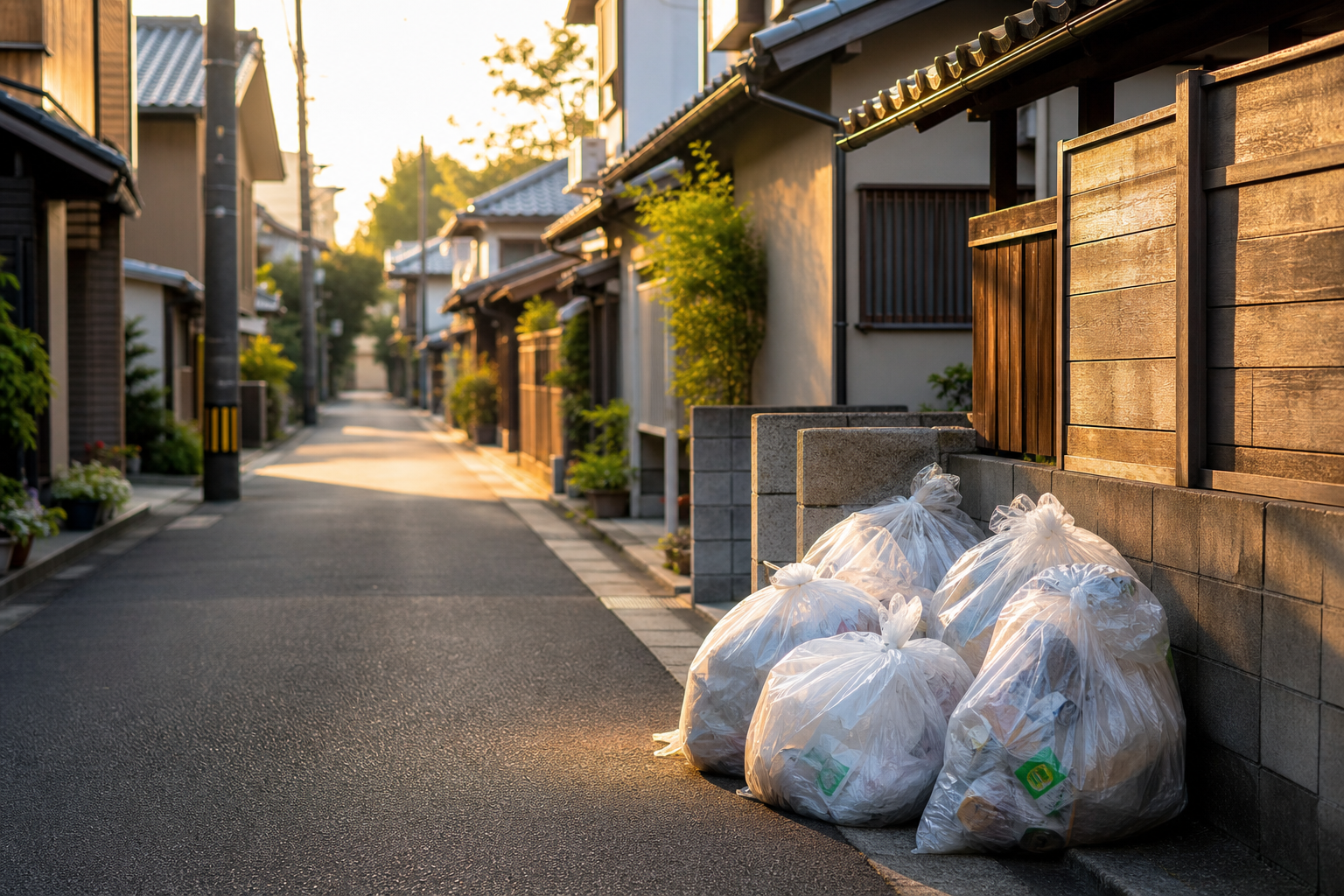 民泊のゴミ袋が集積所に並ぶ朝の路地の情景