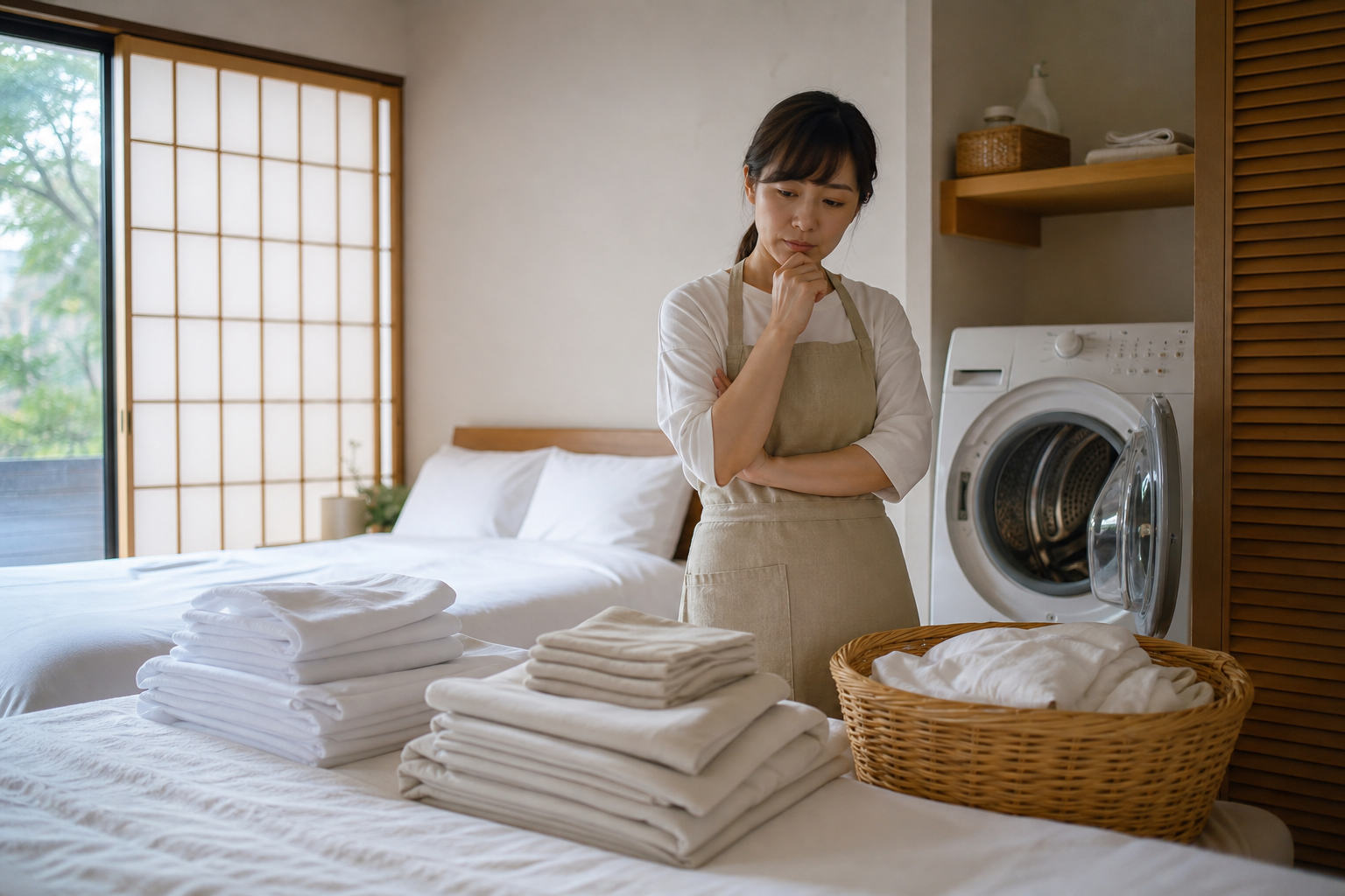 民泊のリネン交換作業と洗濯機を前に悩むオーナー