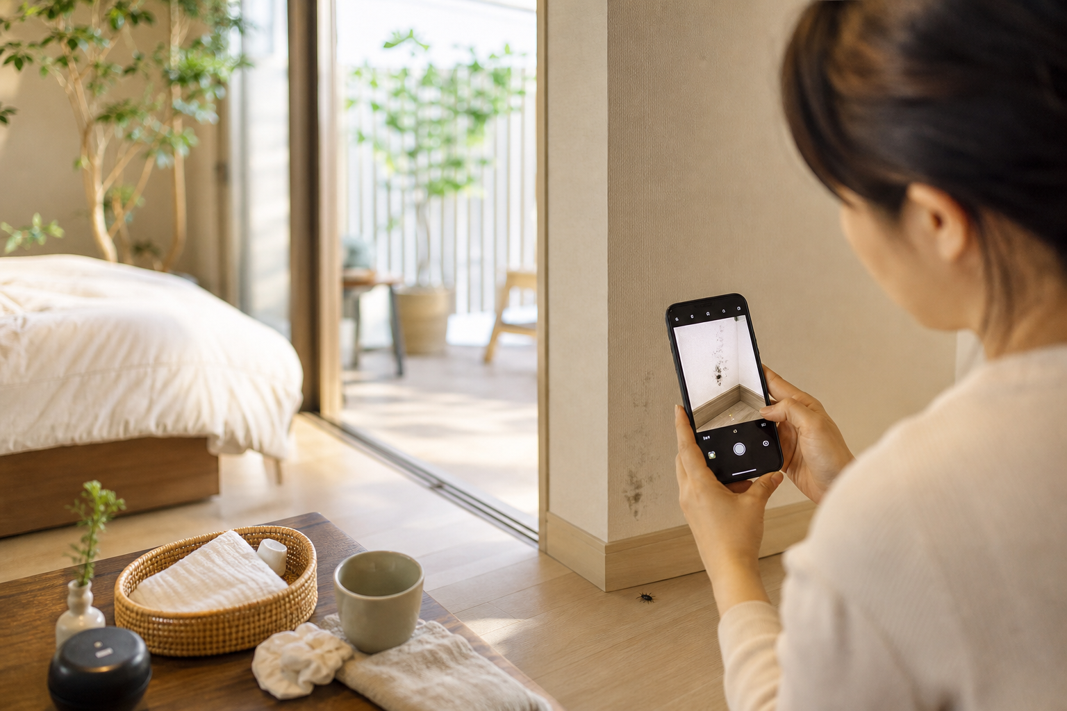民泊の室内でスマホで害虫と異臭の状況を記録するオーナーの手元