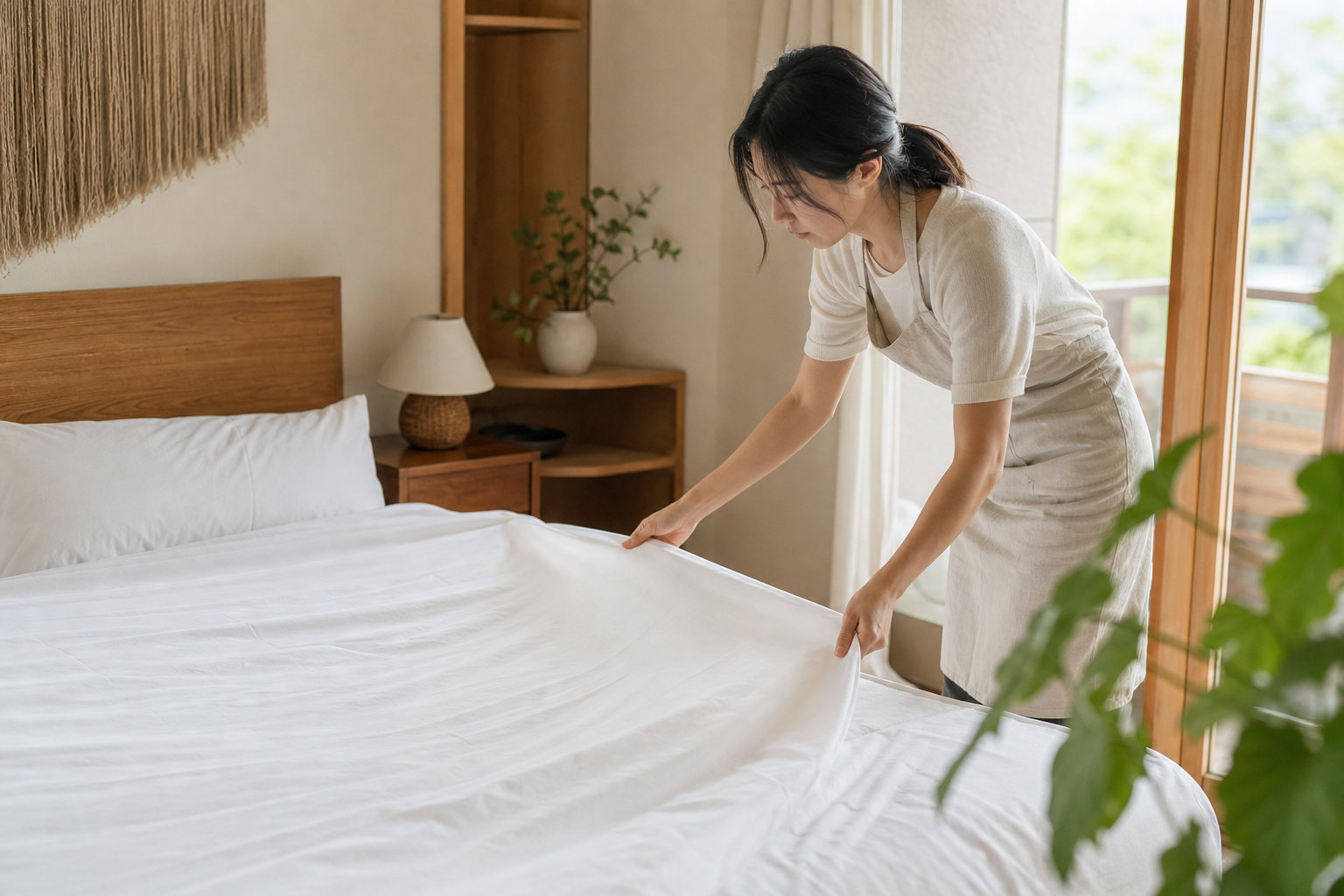 民泊のベッドに白いシーツをかけ替える様子