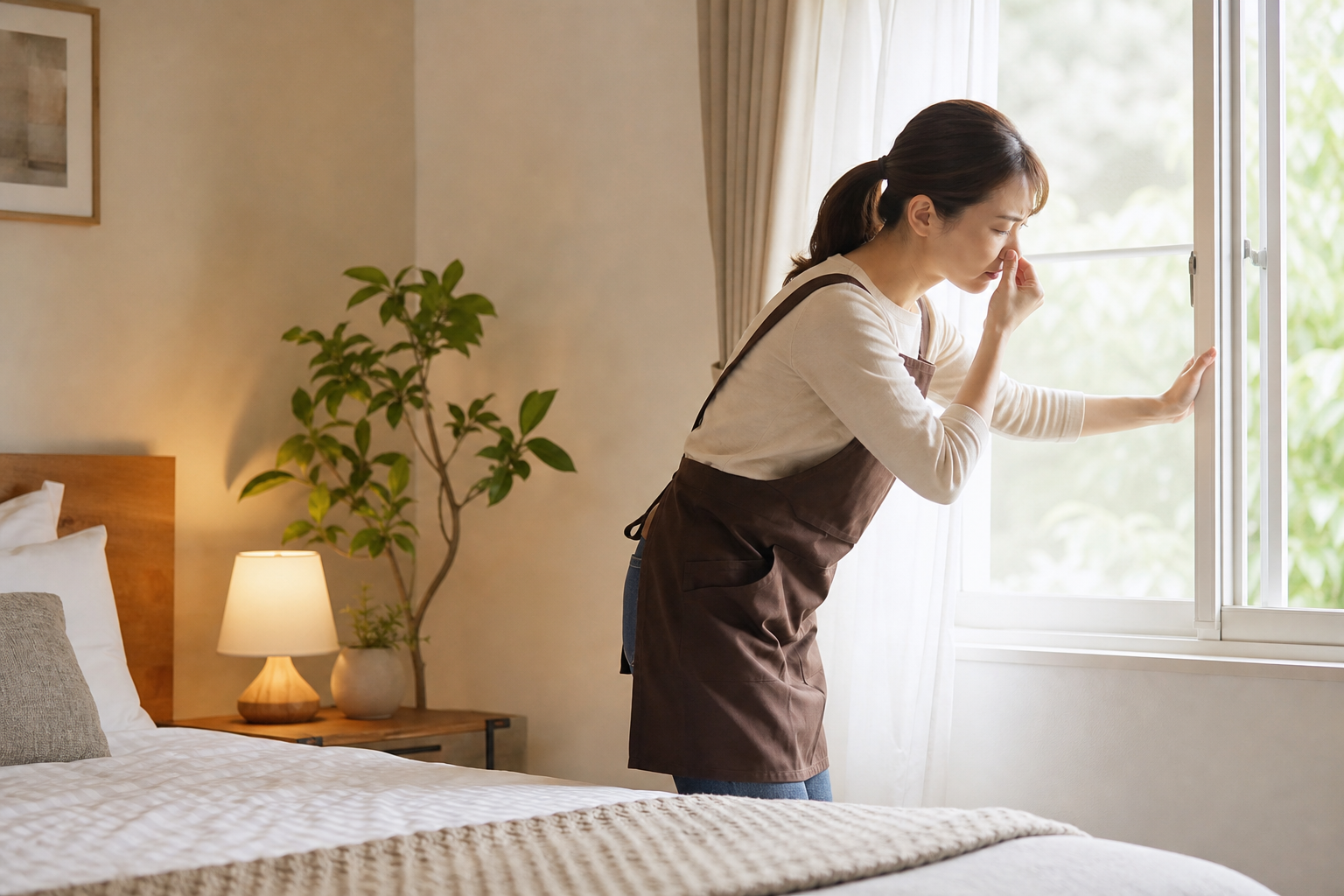 民泊の部屋で換気をしながら臭いの発生源を確認するオーナー