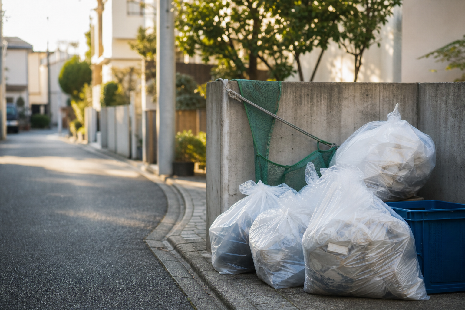 東京都内の集積所に置かれた事業系ごみ袋と有料処理券のイメージ