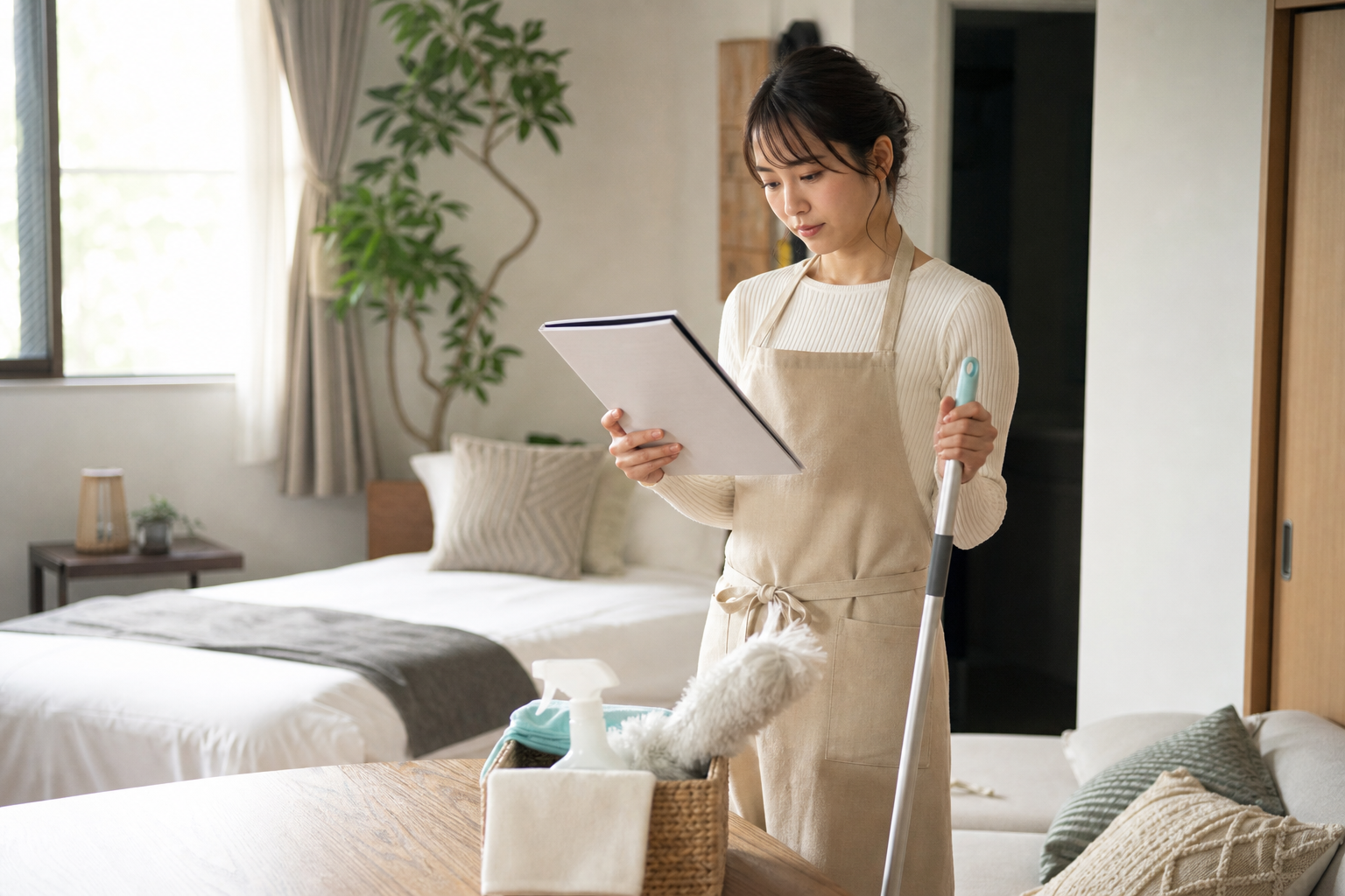 民泊の部屋で清掃道具を手に条文を確認するオーナーのイメージ